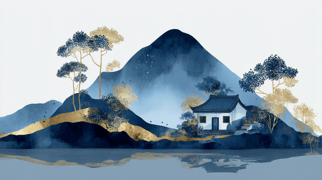 A Home Supported by Mountain and Water A traditional-style home nestled at the base of a gentle mountain with trees and a body of water in the foreground, symbolizing the Feng Shui principle of "藏风聚气" (storing wind and collecting qi).