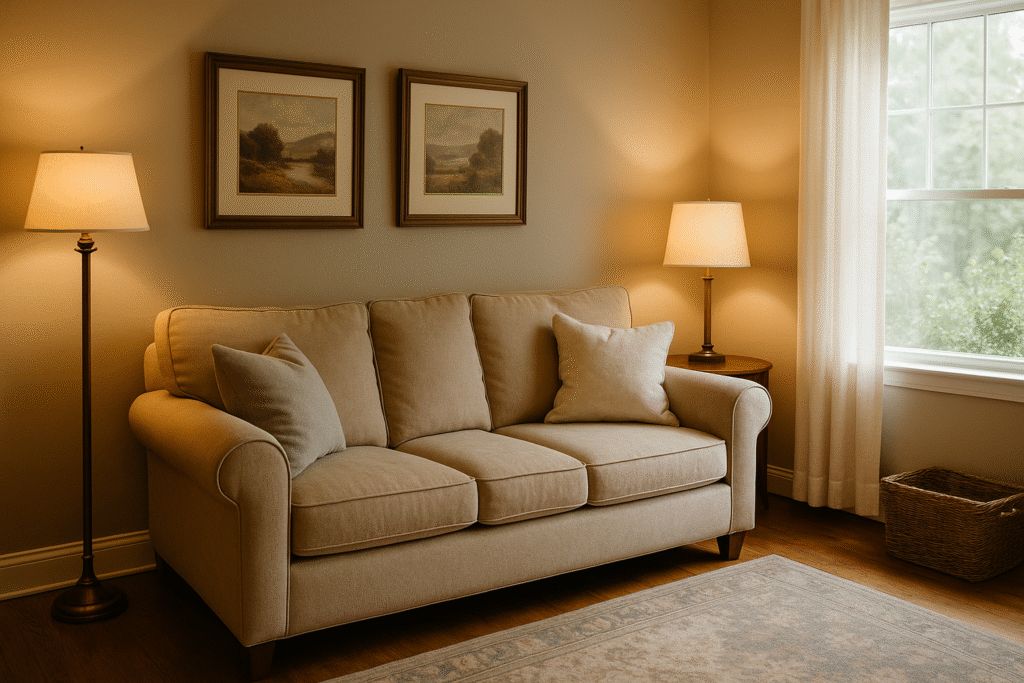 ChatGPT Image Jun 30, 2025, 02_48_11 PM A cozy living room with a tall-back sofa and soft lighting, creating a sense of emotional safety.