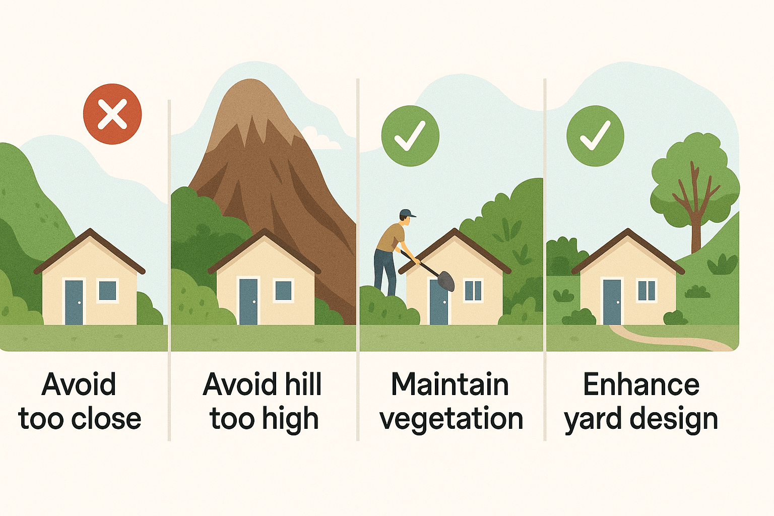 Four Key Tips for a Healthy Back Hill An infographic with four panels showing Feng Shui tips for hillside homes: 1) avoid hills too close to the house, 2) avoid hills that are too tall, 3) maintain vegetation on the slope, and 4) enhance the yard design with open space and trees.