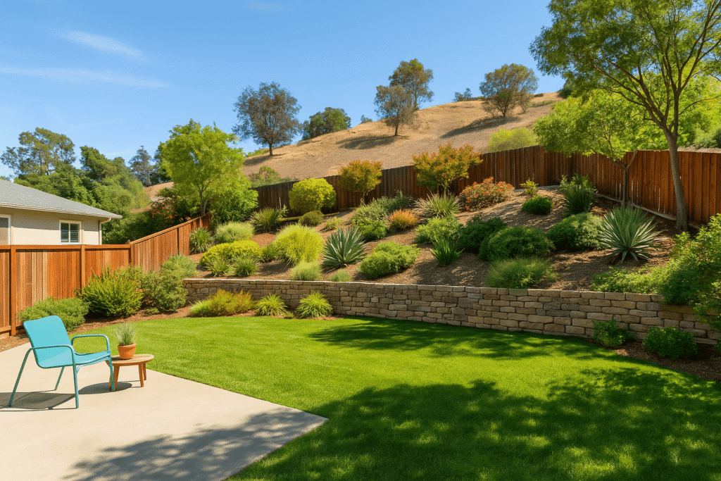 Southern California Backyard with Gentle Hill A residential backyard in Southern California with a green, gently sloping hill behind the home.
