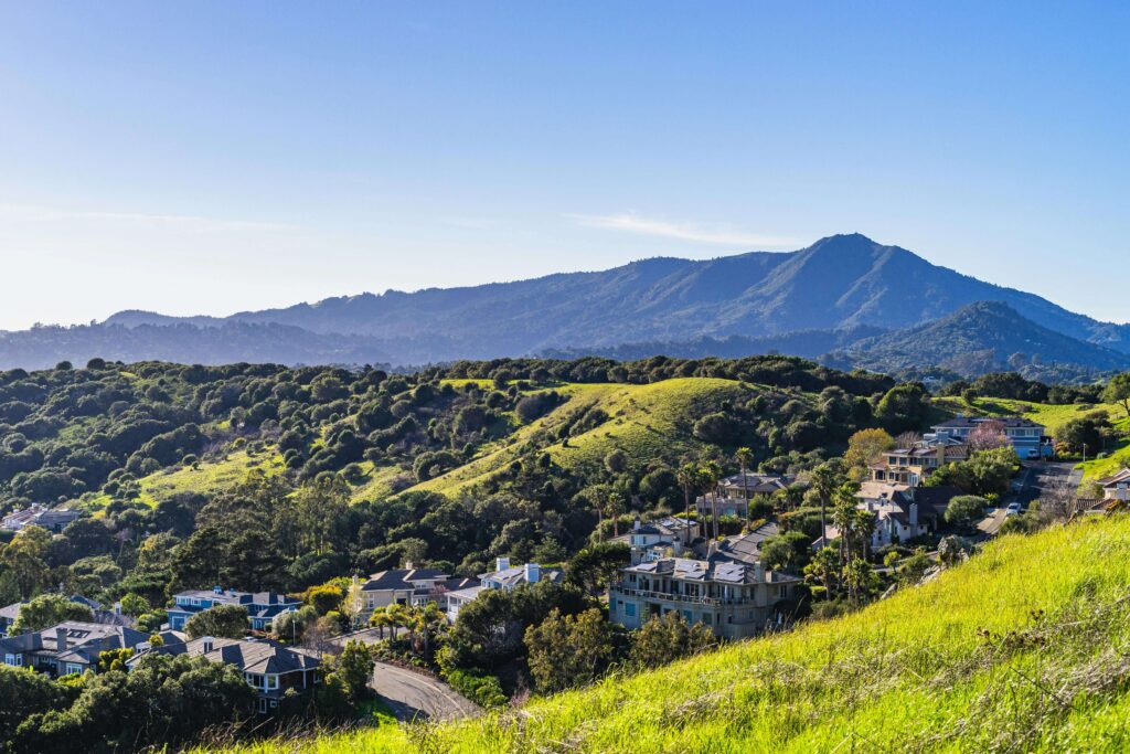A panoramic view of single-family homes in Southern California, nestled against gentle hills under bright daylight, showing an open and sunny environment.