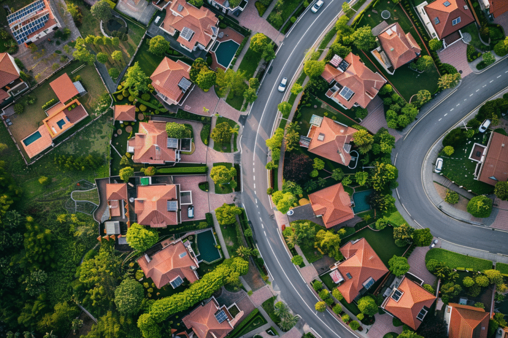 Aerial view of suburban neighborhood with curved road layout