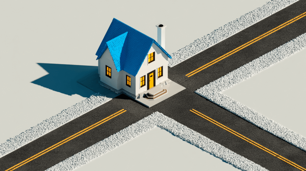 Illustration of a house facing a T-junction with a large yellow arrow indicating road direction.