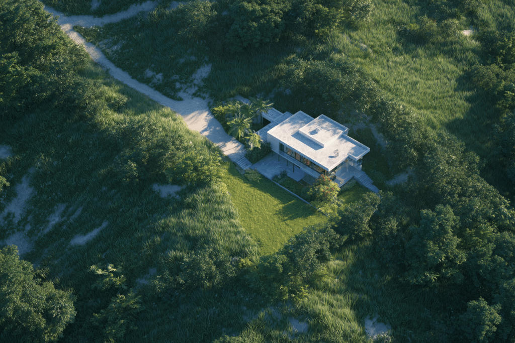 Aerial view of residential neighborhood and surrounding environment — example for Feng Shui external evaluation.