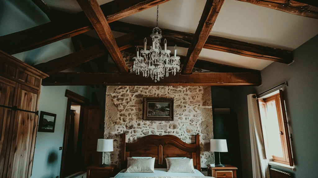 beam-over-bed A rustic bedroom with exposed wooden beams and a chandelier directly above the bed, creating potential pressure from overhead structures in Feng Shui.