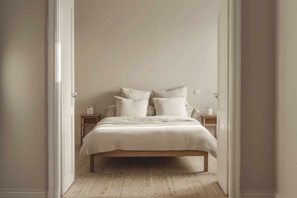 coffin-position-bedroom A minimal bedroom with a bed directly aligned with the double door, illustrating the Feng Shui concept of the 'coffin position.