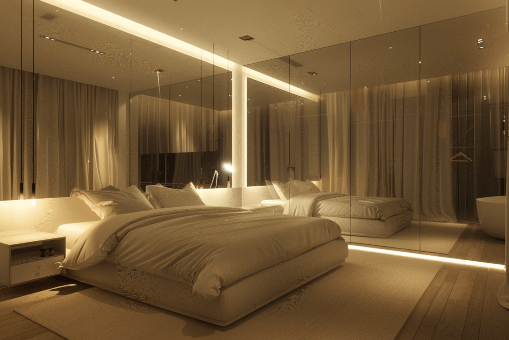 mirror-facing-bed A sleek bedroom with full-wall mirrors reflecting the bed, creating a visually striking but energetically disruptive Feng Shui setup
