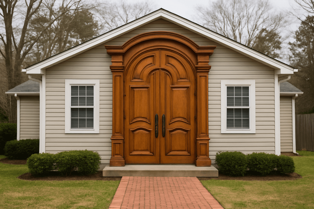 oversized-front-door-mismatch An oversized and ornate front door on a small, simple house, creating a visual imbalance.