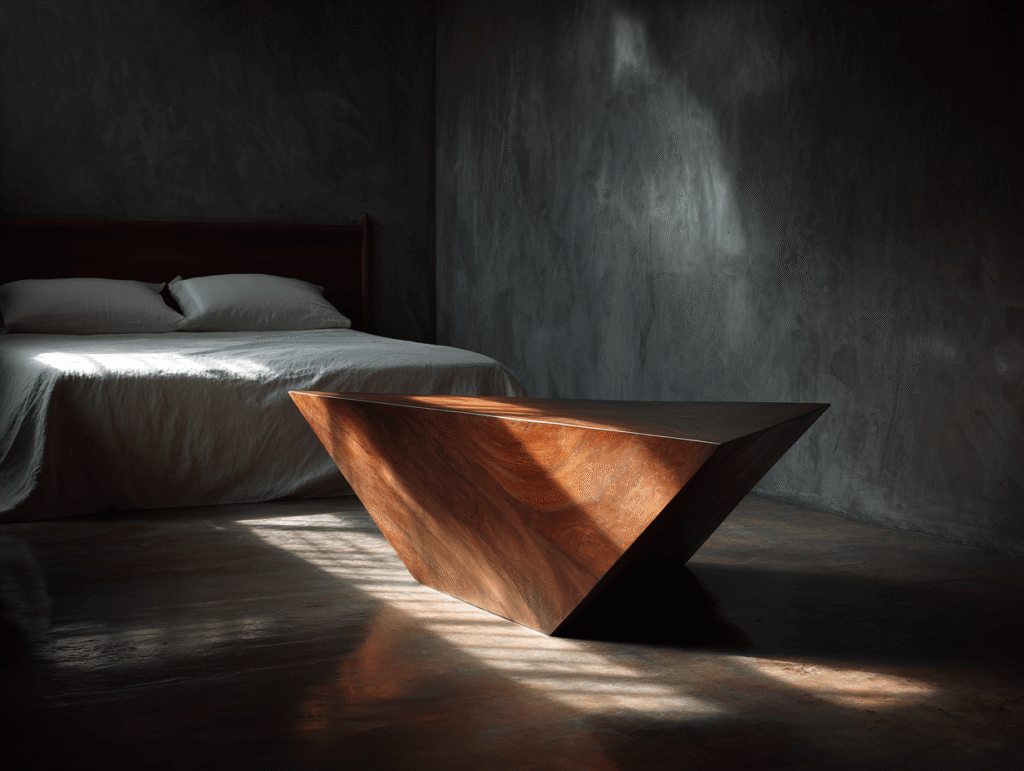 sharp-corner-bedroom A dark-toned bedroom featuring a sharp triangular wooden table near the bed, creating strong angles and visual tension.
