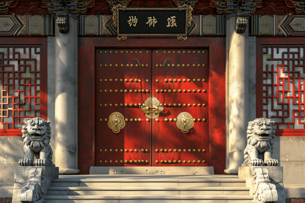 traditional-chinese-fengshui-door A traditional Chinese entrance with red double doors, guardian lion statues, and ornamental carvings, symbolizing auspicious Feng Shui