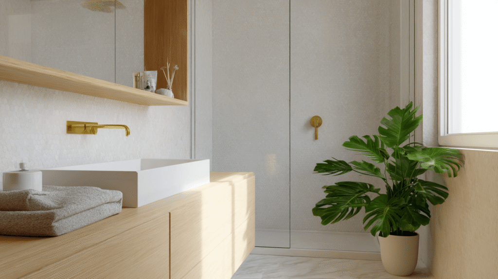 Modern minimalist bathroom Modern minimalist bathroom with wooden vanity, white sink, gold fixtures, and a large green plant by the window for a balanced feng shui feel