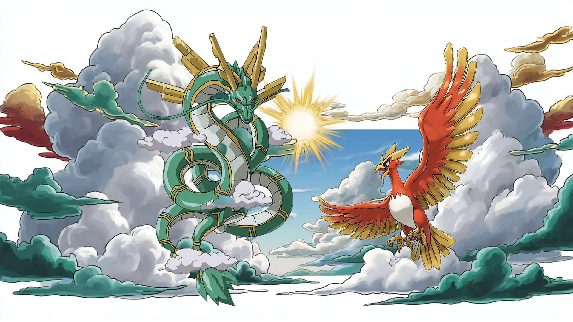 Rayquaza and Ho‑Oh from Pokémon shown as pop‑culture echoes of Feng Shui’s Green Dragon and Vermilion Bird.