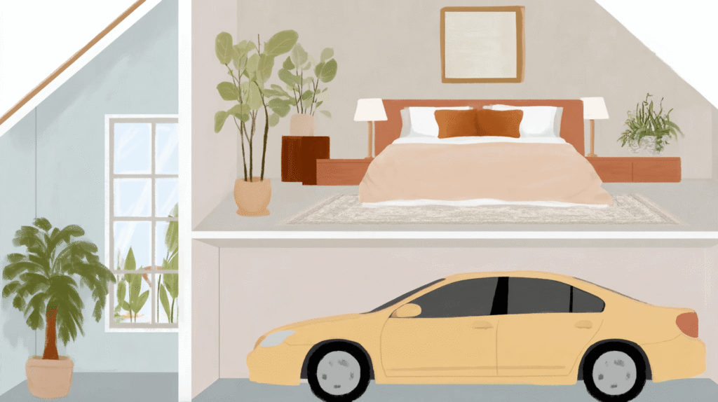 bedroom-above-garage-earth-tone-cross-section Earth-tone bedroom above a tidy garage with a thick rug, warm lamps, and an insulation layer.