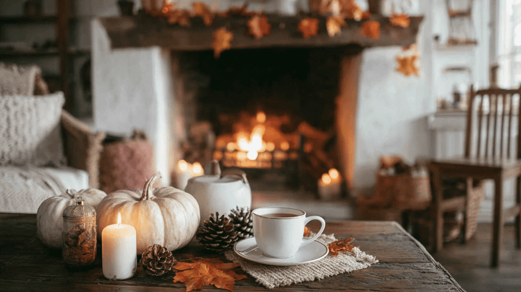 Cozy autumn living room with pumpkins, candles, and a warm fireplace for Feng Shui autumn holidays
