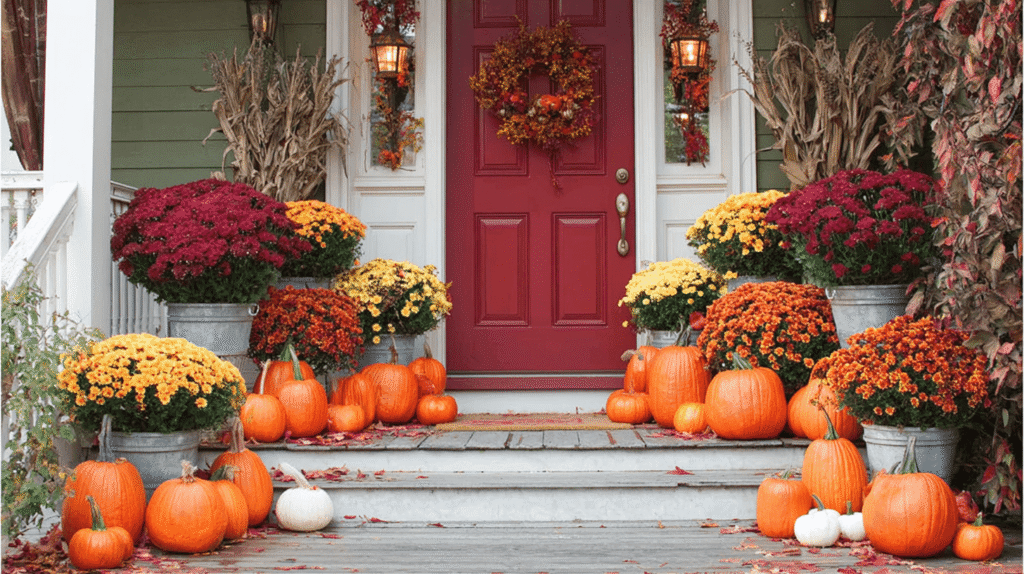 Front door decorated with pumpkins and autumn flowers for Feng Shui autumn holidays
