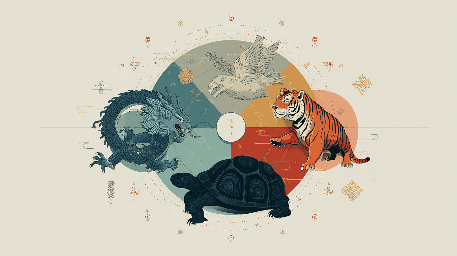 Illustration of the Four Symbols in Feng Shui — Green Dragon, White Tiger, Vermilion Bird, and Black Tortoise — representing balance and protection around a home.