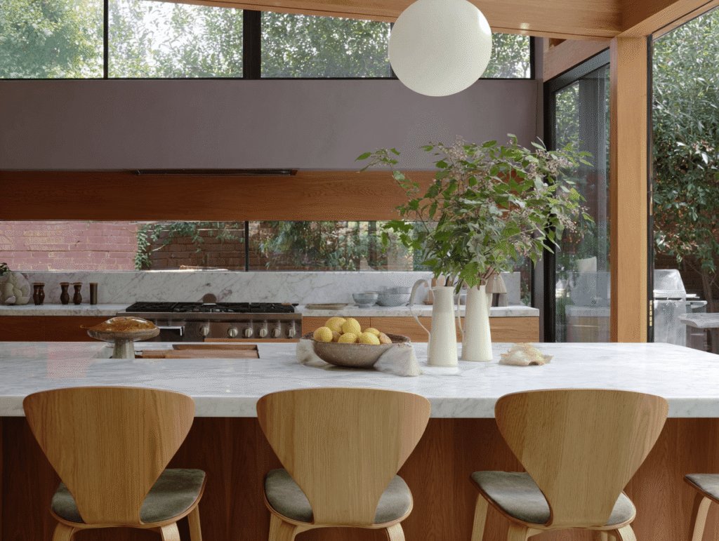 fengshui-kitchen-color-balance Modern Feng Shui kitchen with natural wood tones, soft earthy colors, and balanced design for positive energy