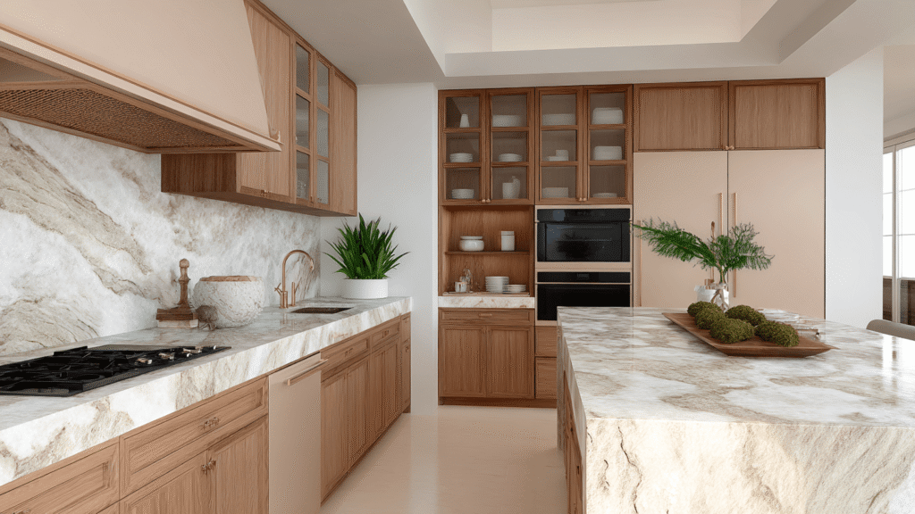 Modern luxury Feng Shui kitchen with marble countertops, wood cabinets, and green plants for positive energy