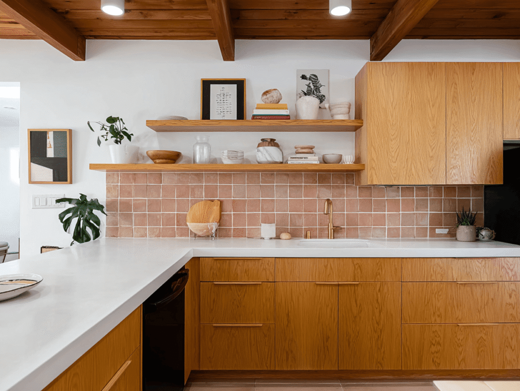 fengshui-kitchen-placement Modern kitchen with warm wood cabinets, terracotta backsplash, and balanced layout showing stable and supportive design