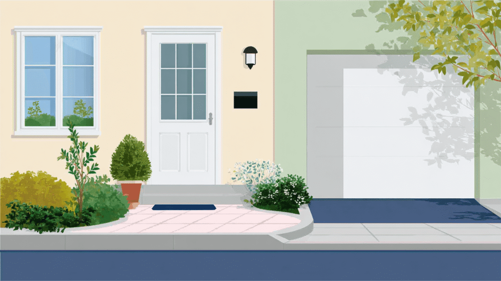 front-door-vs-garage-flat-illustration Warm front door with a closed attached garage, guiding energy toward the main entrance.