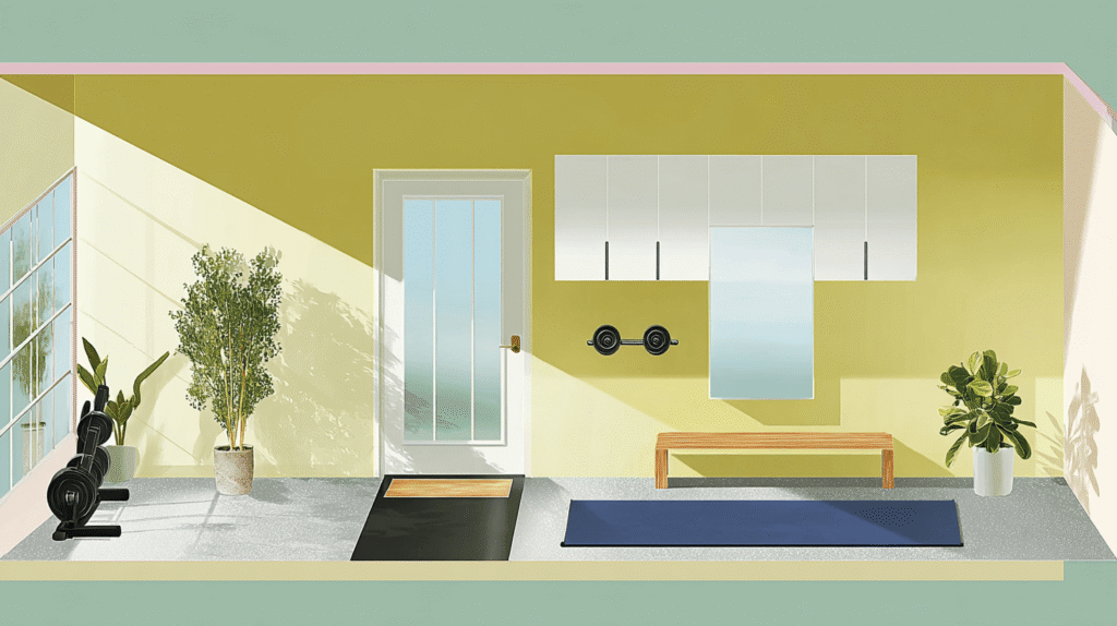 garage-conversion-home-gym-flat-illustration Converted garage home gym with rubber flooring, closed storage, plants, natural and warm light, and a dark entry mat.