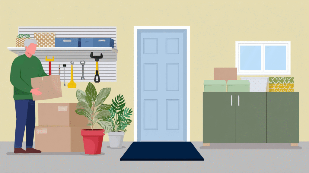 garage-declutter-person-flat-illustration Person organizing a family garage with a clear walkway, closed cabinets, and labeled bins.