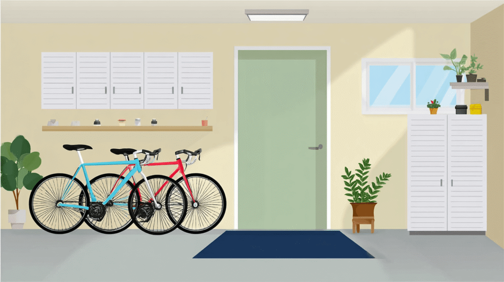 Calm modern home garage with clear floor, closed cabinets, bikes, plants, and a dark entry mat.