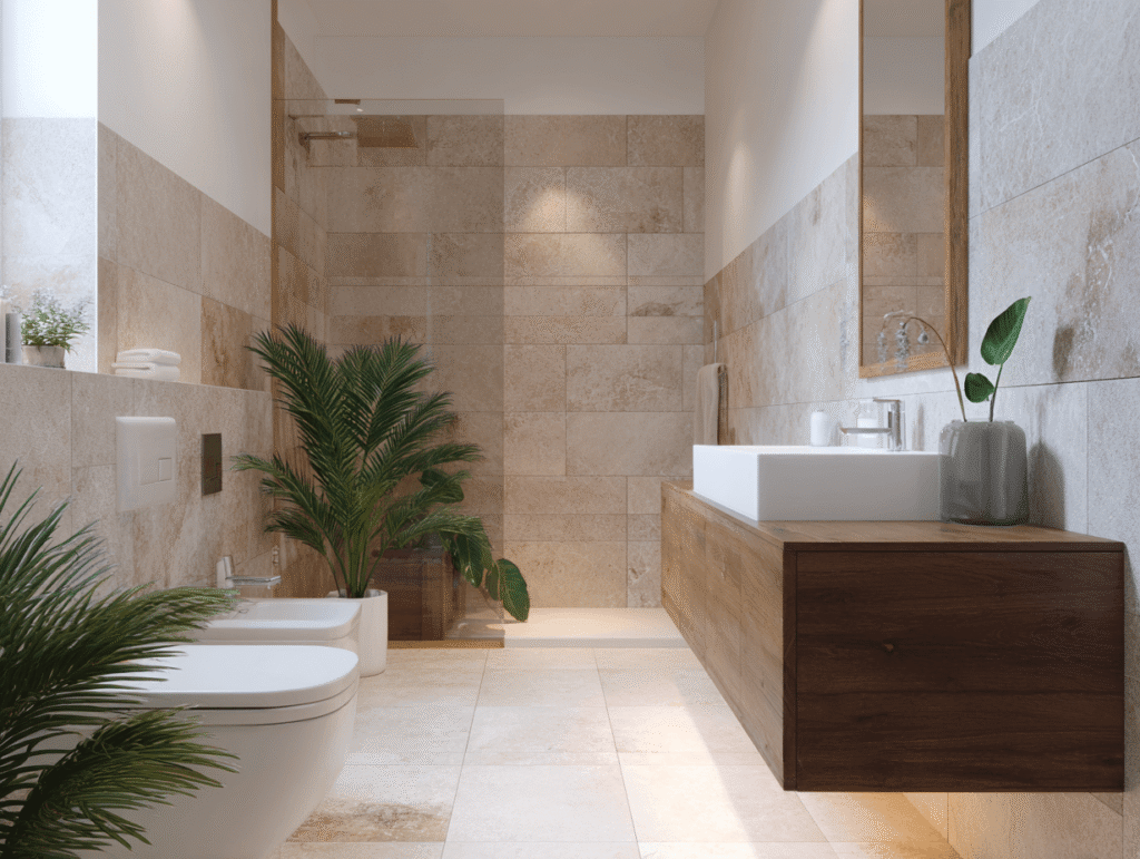 modern bathroom with wood vanity and green plants feng shui balance