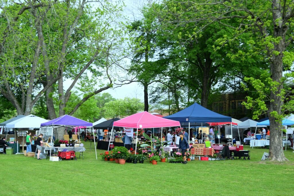 Outdoor festival and market scene in a sunny neighborhood entrance, symbolizing south energy in feng shui neighborhood design.