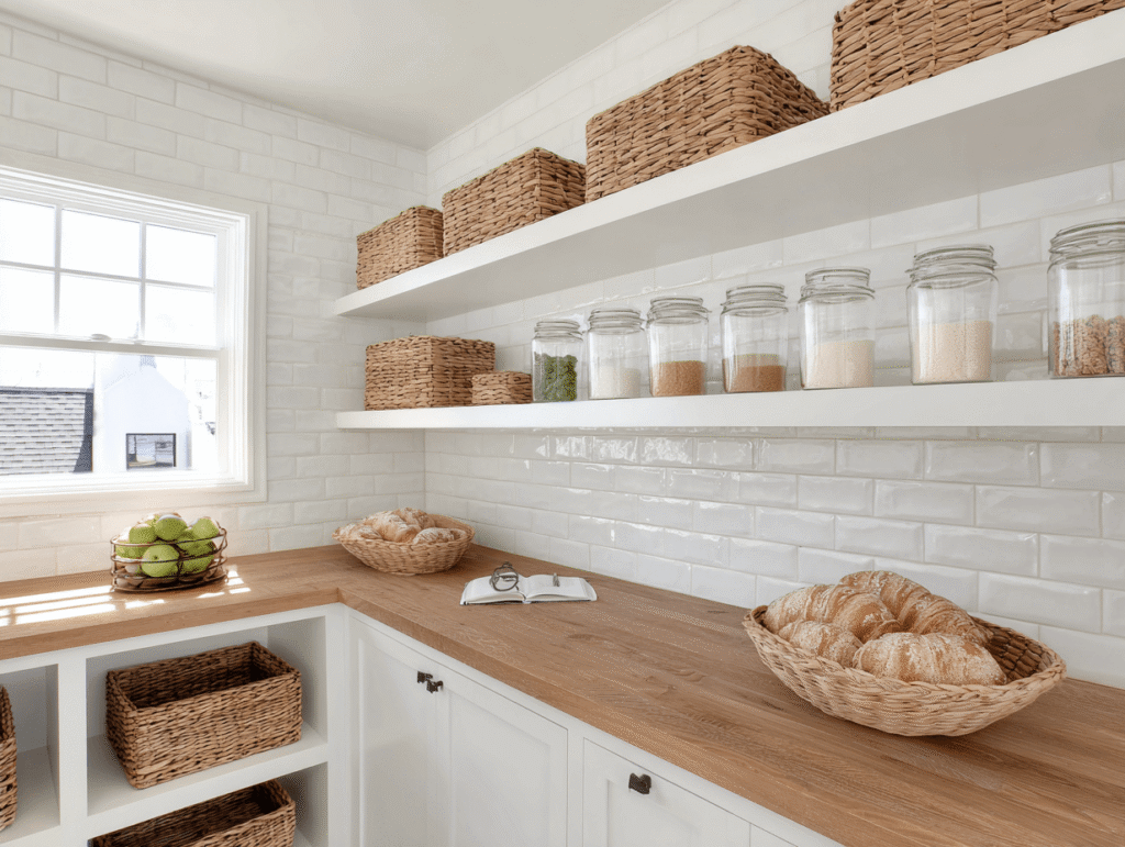organized-pantry-energy-flow Bright and organized kitchen pantry with wicker baskets, glass jars, and natural light promoting good energy flow