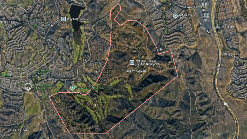 Map view of Shady Canyon neighborhood with curved roads and greenery, illustrating feng shui neighborhood road design.