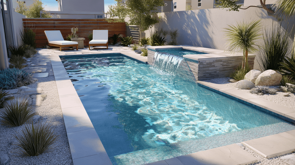 A modern rectangular backyard pool with a flowing waterfall feature, symbolizing the Feng Shui water element and the activation of positive energy.