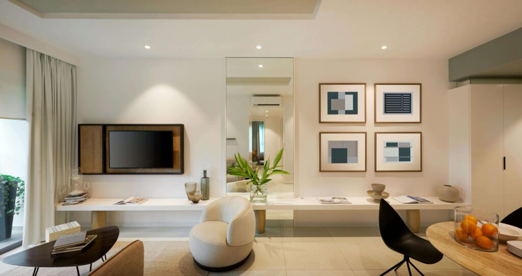 Modern living room with natural light, plants, and balanced design, showing Feng Shui is more than lucky objects.