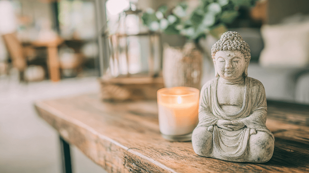 Buddha statue with a candle on a wooden table, representing the common myth that Feng Shui is a religion.