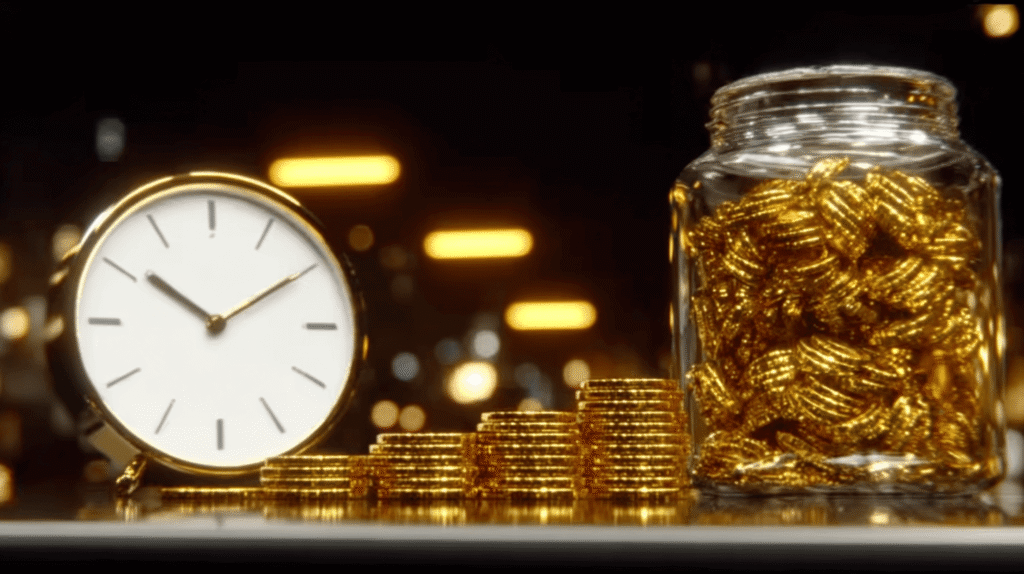 Clock and piles of gold coins, symbolizing the myth that Feng Shui brings instant wealth.
