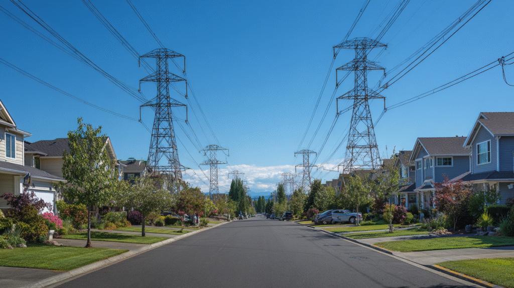 Suburban American street lined with houses under tall power lines, representing Feng Shui concerns about energy imbalance.