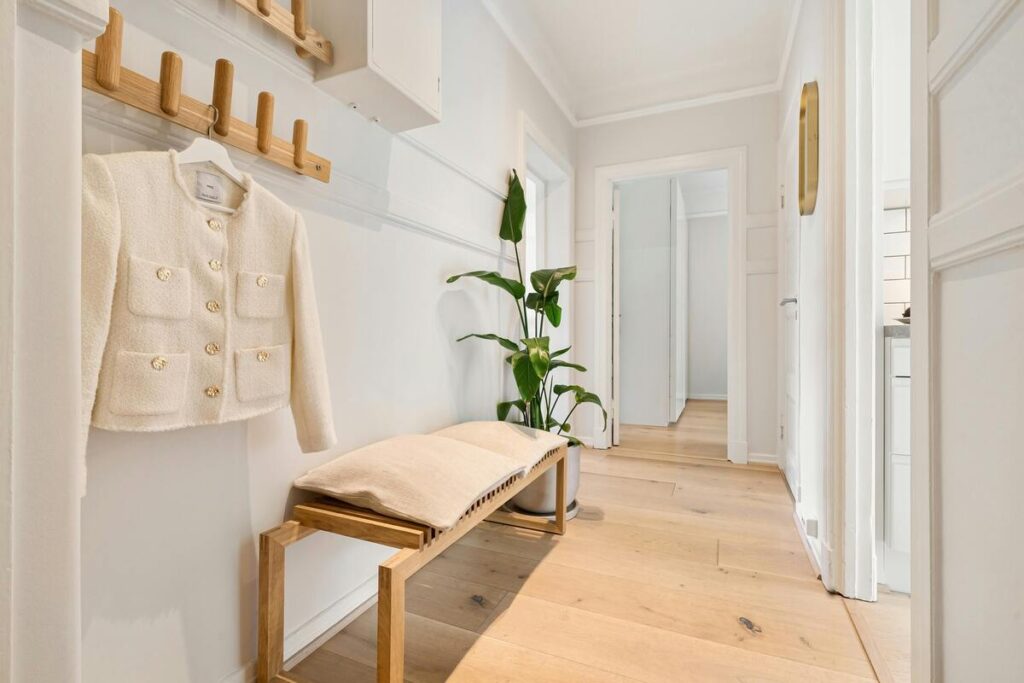Minimalist apartment entryway with wooden bench, indoor plant, and bright natural light, showing a clean and welcoming feng shui foyer.