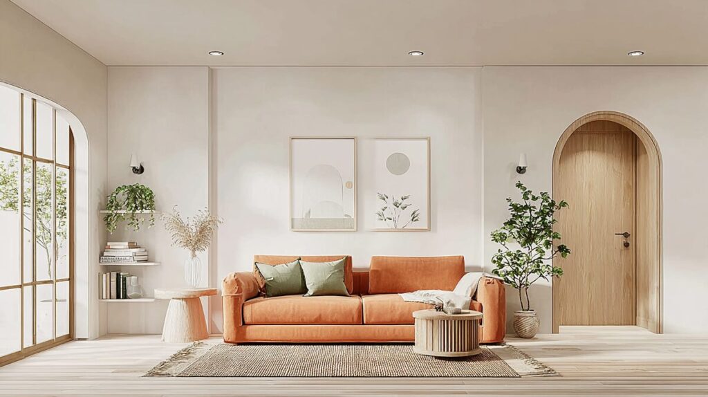 Modern minimalist living room with bright natural light, orange sofa, plants, and wooden door, representing feng shui harmony and balance.