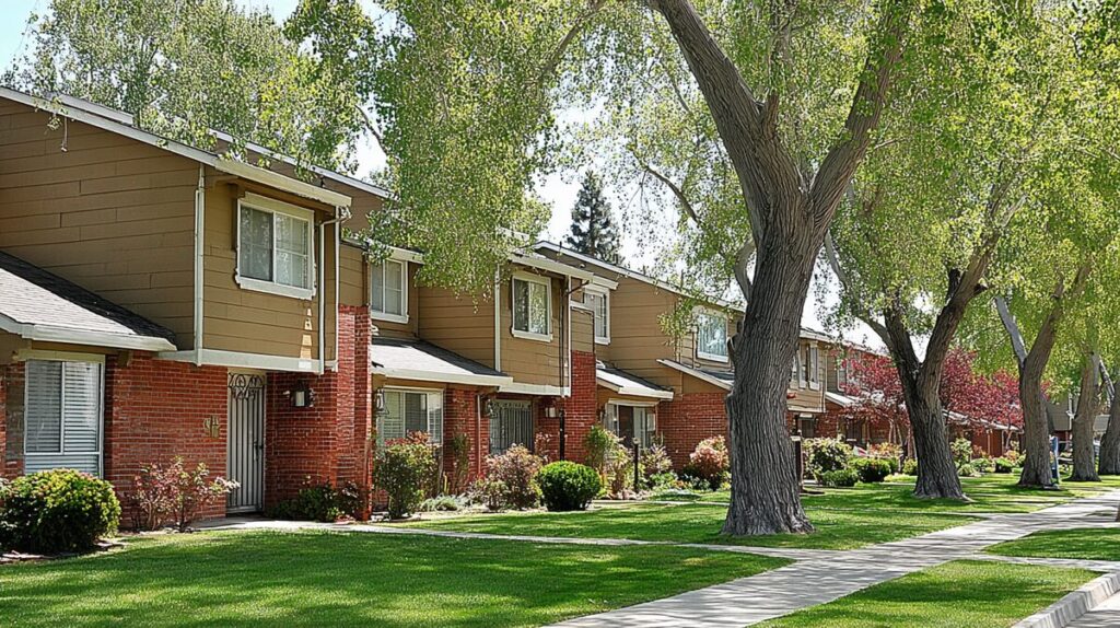 Quiet suburban California apartment community with brick buildings, large trees, and green lawns, representing supportive natural surroundings in Feng Shui.