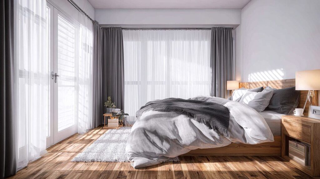 Minimalist bedroom with bed against a solid wall, soft natural light, and calming decor, designed for restful feng shui layout.