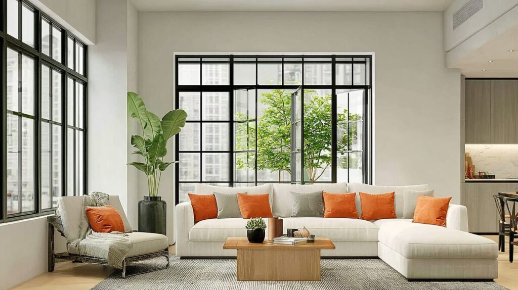 Bright modern living room with large windows, natural sunlight, and sofa in command position, designed for balanced feng shui and smooth energy flow.