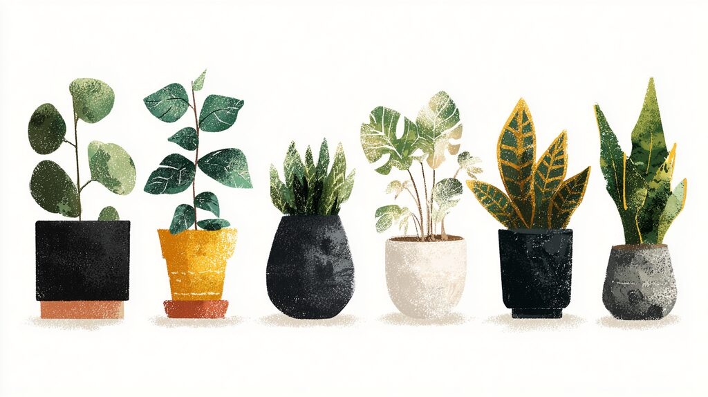 “Illustrated collection of indoor Feng Shui plants such as money tree, monstera, snake plant, and rubber plant in minimalist pots.”