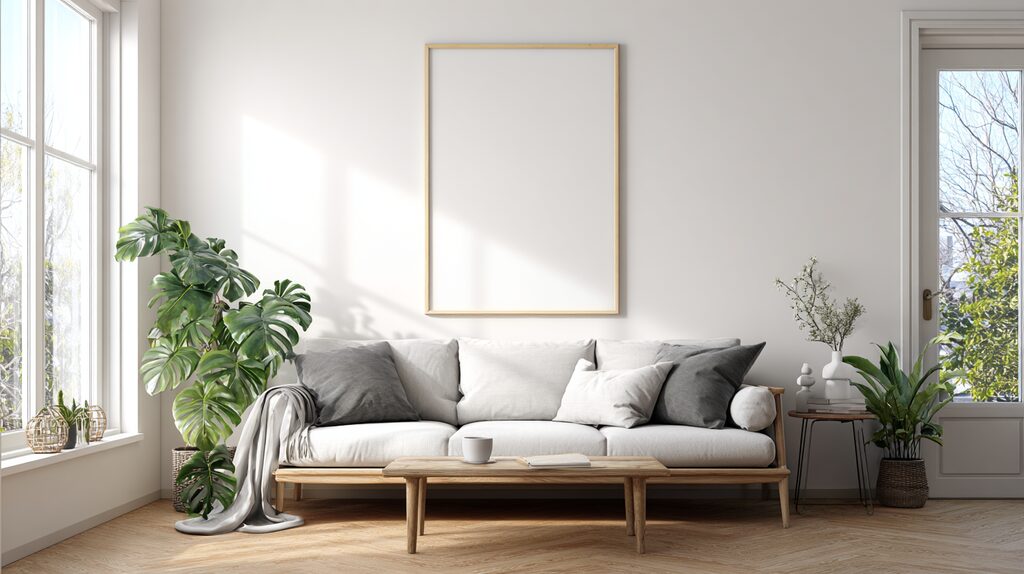 Natural Balance in Living Spaces “Modern living room with Monstera and greenery by windows, showing balanced light and energy flow in Feng Shui design.”