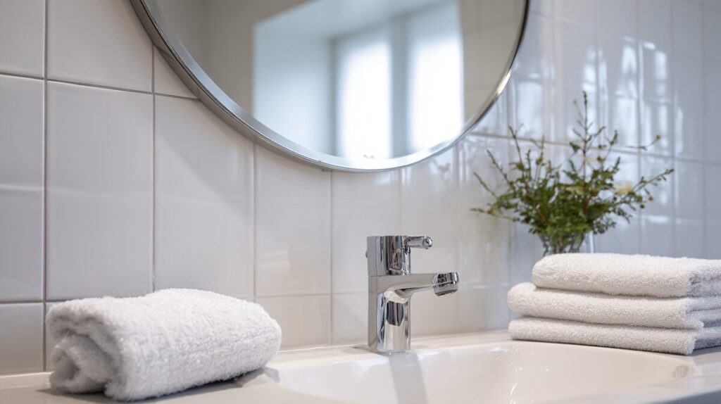 A clean modern bathroom with a round mirror, white towels, and soft daylight.