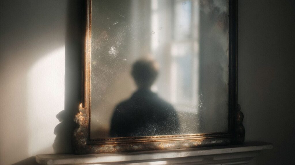 A dimly lit antique mirror with a faint human silhouette reflected in soft light.