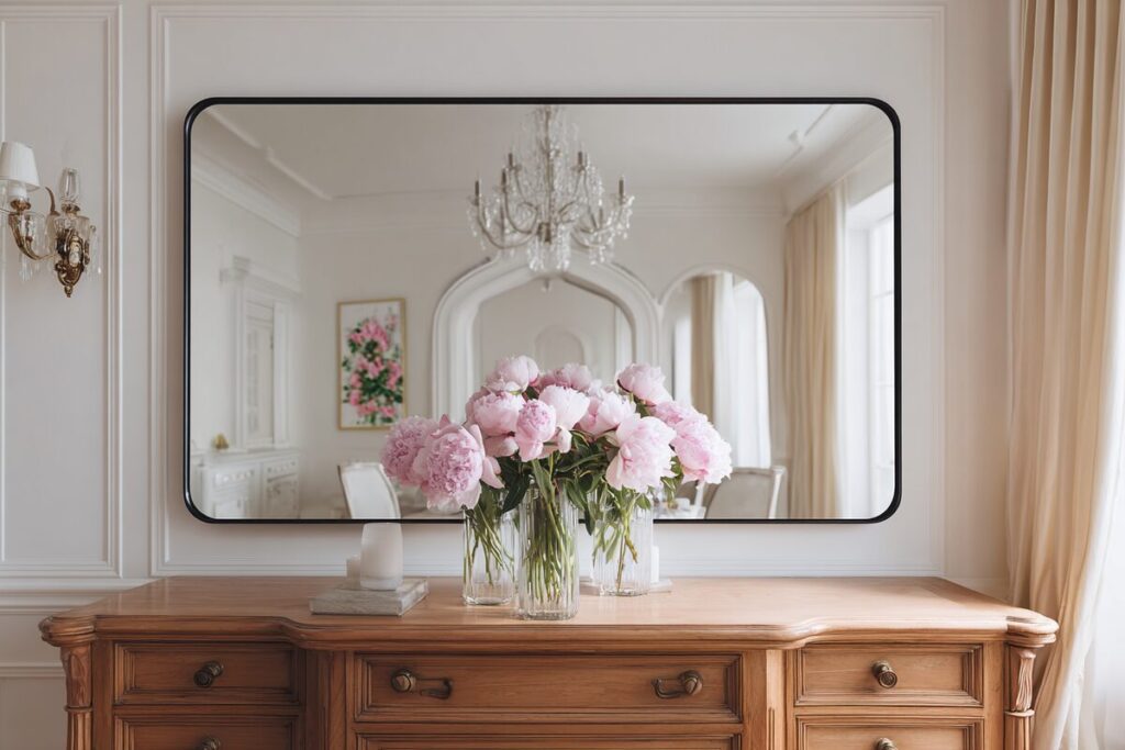 A wall mirror reflecting chandeliers and peonies, creating visual harmony and depth.