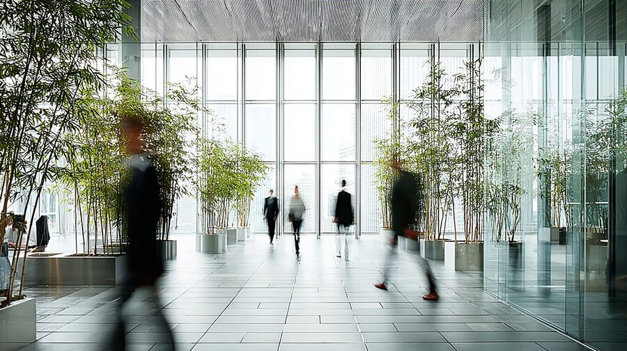Modern corporate atrium with natural light, bamboo plants, and people walking, symbolizing energy flow and harmony in business environments