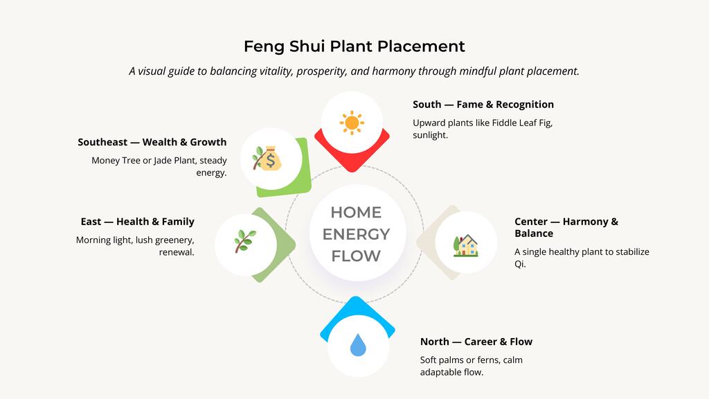 feng-shui-plant-placement-chart “Illustration showing Feng Shui plant placement by direction — southeast for wealth, south for fame, east for health, north for career, and center for harmony.”