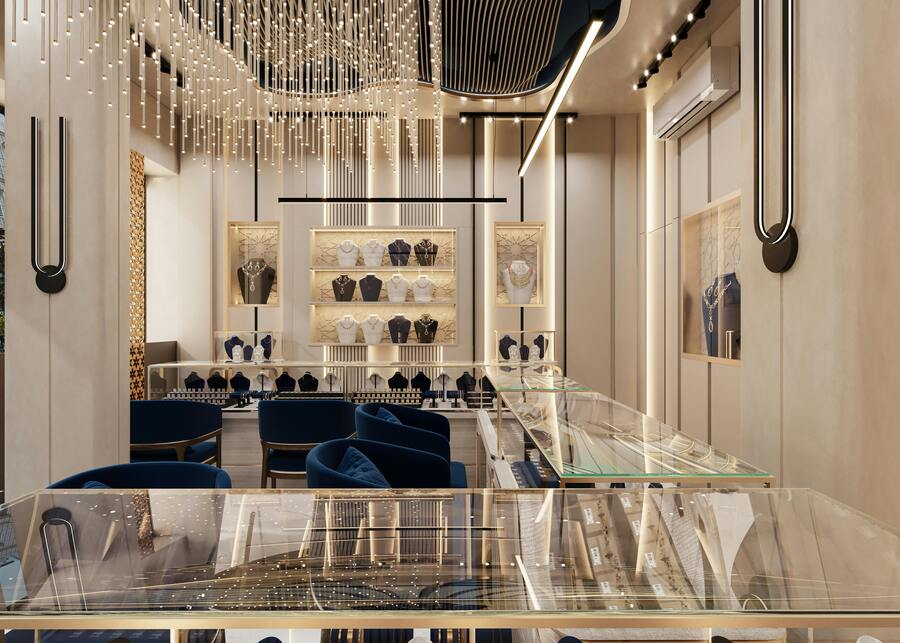 Luxury retail store interior with elegant lighting, glass displays, and clear customer pathways, symbolizing guided shopping flow