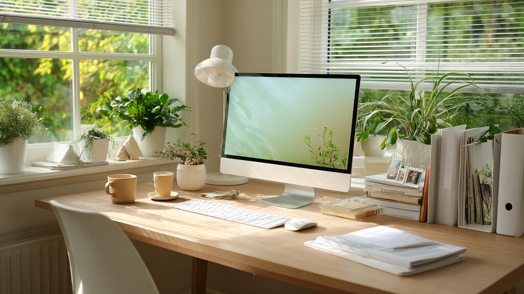 feng-shui-workspace-plants “Sunlit home workspace with indoor plants beside a computer, promoting calm and focus by balancing active energy.”